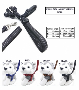Tali Tuntun Anjing Kucing CP Nylon Leash + V Puffy Harness S